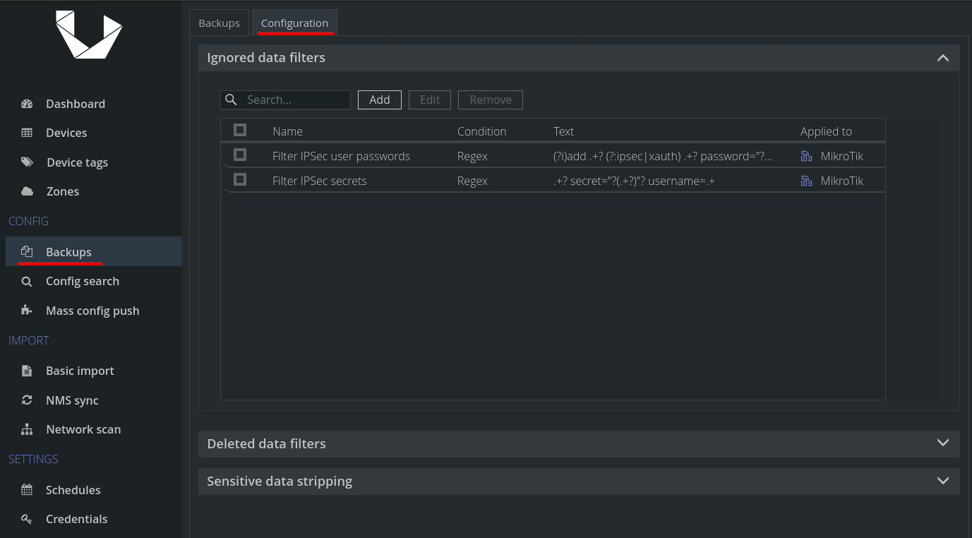 Backup filter configuration