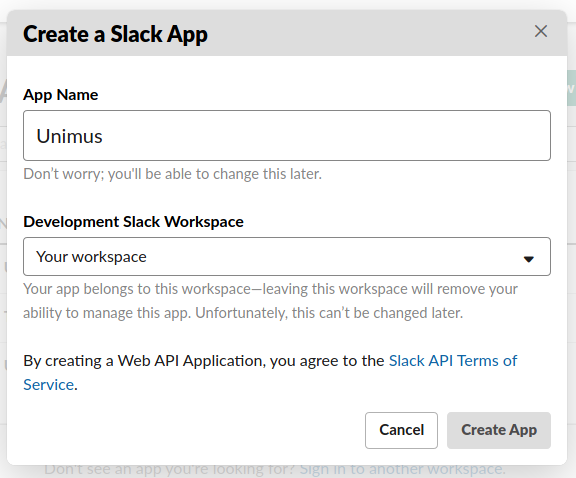 Slack create app