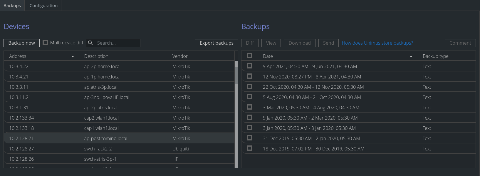 Unimus device config timeline