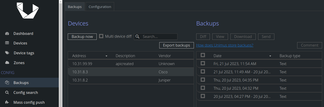 Unimus GUI displaying text backups