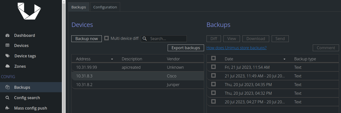 Backup of devices without CLI with Unimus