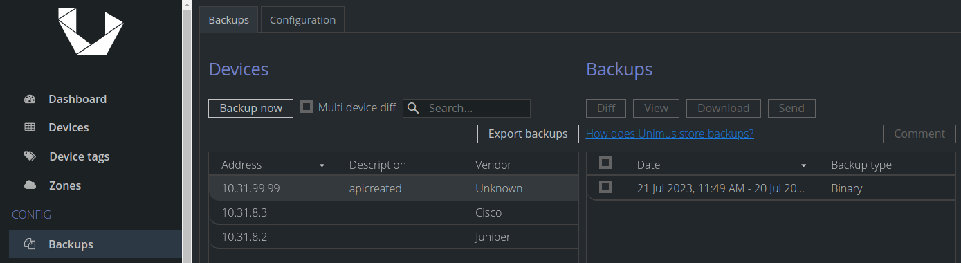 Unimus GUI displaying binary backups