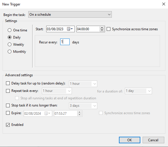 Task scheduler menu for adding new trigger