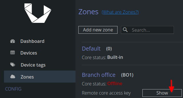 Screenshot of displaying access key for a Remote Core Zone in Unimus
